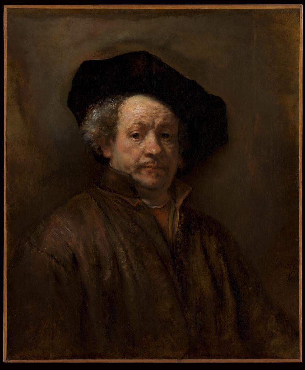 Rembrandt faces the viewer in a dark cap and brown coat; thick paint catches the light on his forehead, nose, and aging face.