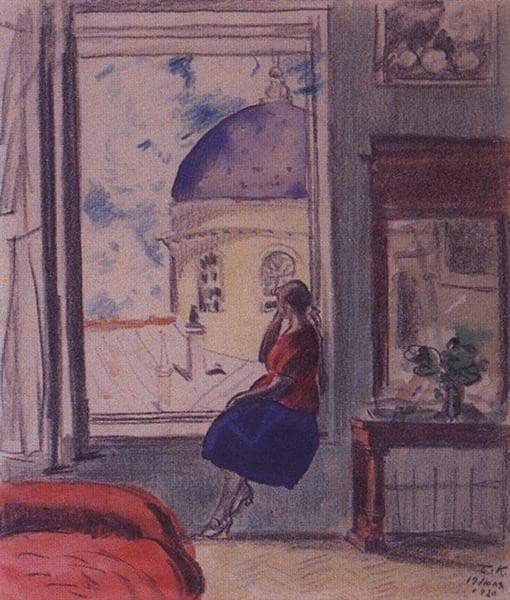 Интерьер. Женская фигура у окна (В мастерской) — Boris Kustodiev