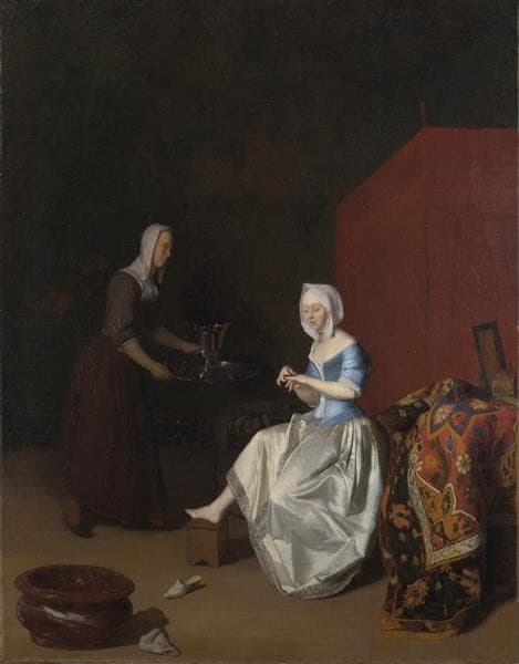 A Young Lady Trimming Her Fingernails, Attended by a Maidservant — Jacob Ochtervelt