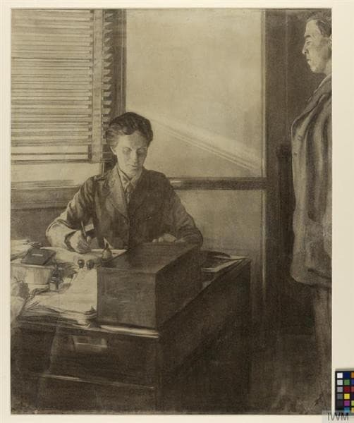 Dr. Flora Murray Working at Her Desk Observed by a Unnamed Man to Her Side. — Austin Osman Spare