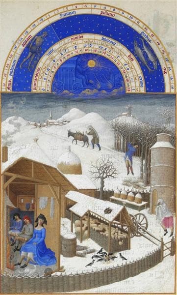 Calendar: February (Farmyard Scene with Peasants) — Limbourg Brothers