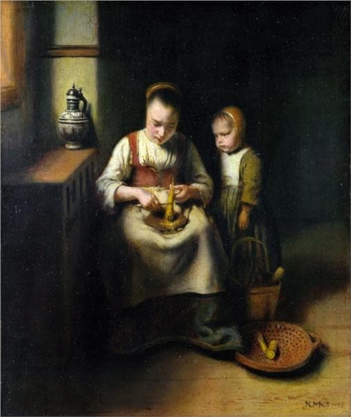 A Woman Scraping Parsnips, with a Child Standing by Her — Nicolaes Maes