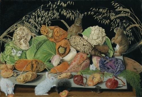 Still life with vegetables, mice and rabbits — Adolf Dietrich