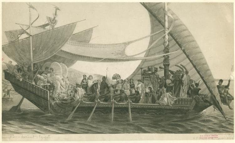 Mark Antony and Cleopatra aboard an Egyptian barge (print reproduction) — Henri-Pierre Picou