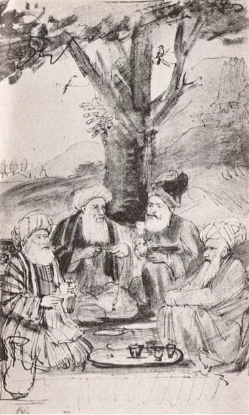 Four Orientals seated under a tree. Ink on paper — Rembrandt van Rijn