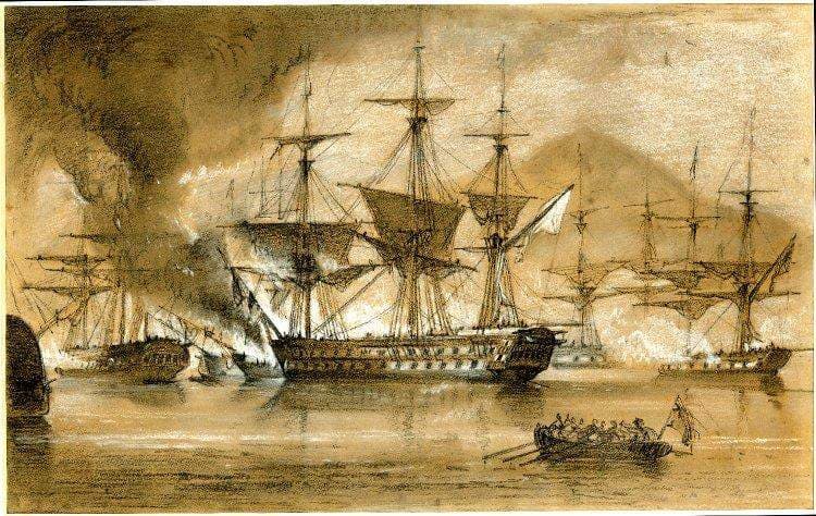 The Scipion on Entering the Harbour Ran Aboard the Brelots — George Philip Reinagle