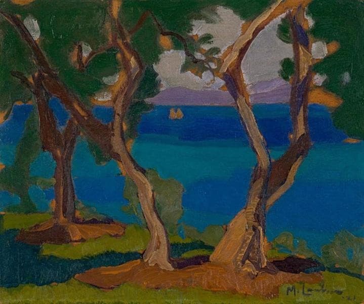 Trees at Lake with Boat — Maggie Laubser