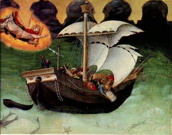 Quaratesi Altarpiece, St.Nicholas saves a storm tossed ship — Gentile da Fabriano