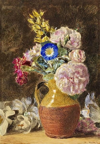 Mixed flowers in a brown and fawn Jug — William Henry Hunt