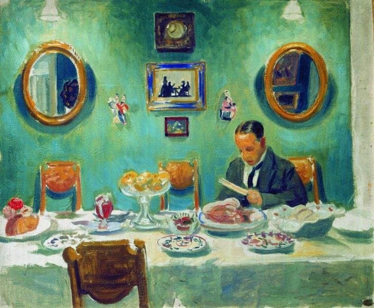 Портрет М. В. Добужинского за столом — Boris Kustodiev