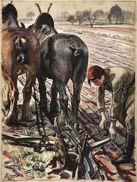 Horse-drawn plough, land girl — Laura Knight