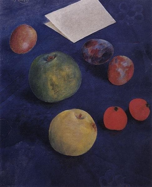 Фрукты на синей скатерти — Kuzma Petrov-Vodkin