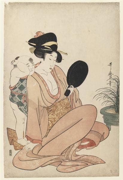 Mother and Child Gazing at a Hand Mirror — Utamaro