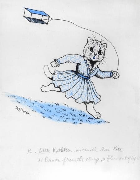 K. LITTLE KATHLEEN, OUT WITH HER KITE, IT BROKE FROM THE STRING, AND FLEW OUT OF SIGHT — Louis Wain