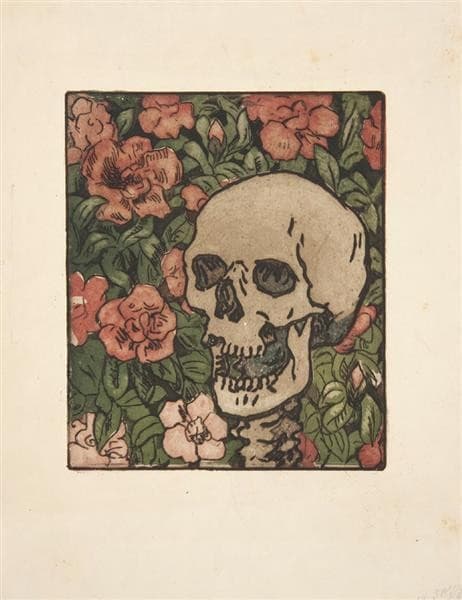 Death and Flowers [A Skull on a Dark Green Background with Pink and White Flowers] — Maria Yakunchikova