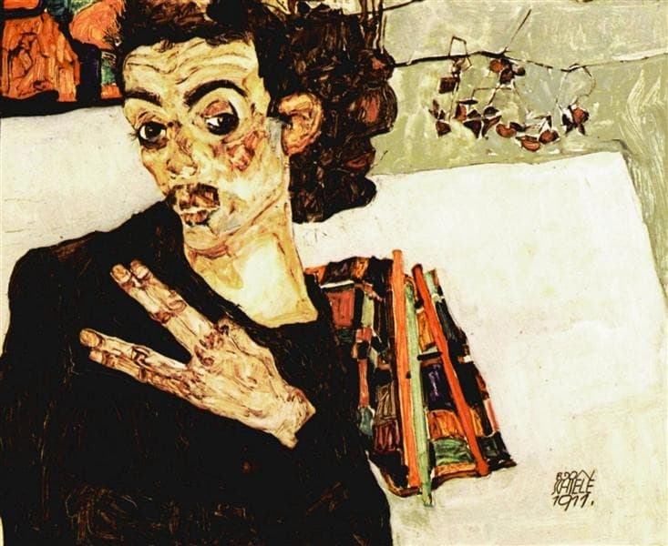 Self-Portrait with Black Vase and Spread Fingers — Egon Schiele