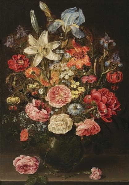 A Still Life of Lilies, Roses, Iris, Pansies, Columbine, Love in a Mist, Larkspur and Other Flowers in a Glass Vase on a Table Top, Flanked by a Rose and a Carnation — Clara Peeters