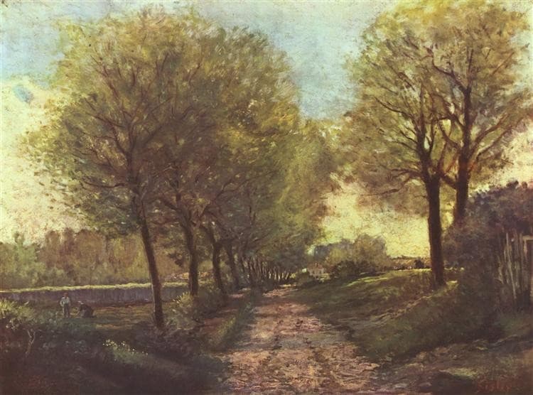Avenue of trees in a small town — Alfred Sisley