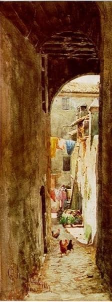 Laundress in a Sunlit Archway — Cesare Biseo