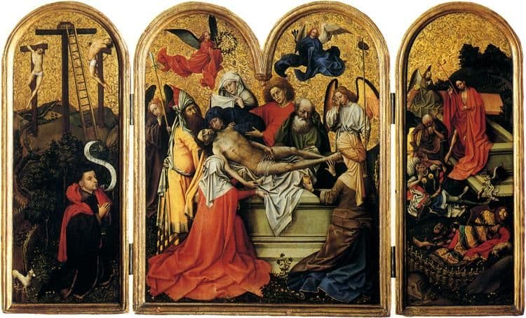 Triptych: The Two Thieves with the Empty Cross, The Entombment, The Resurrection — Robert Campin