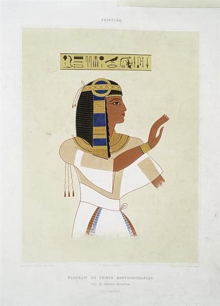 Peinture : portrait du prince Mantouhichopchf, fils de Ramsès-Meïamoun (XIXe dynastie) — Émile Prisse d'Avennes