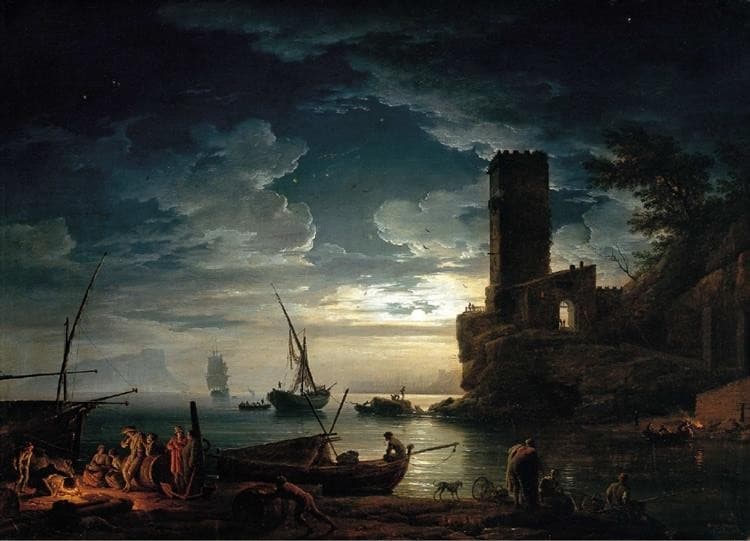Nuit - Scène de côte méditerranéenne avec des pêcheurs et des bateaux — Claude Joseph Vernet