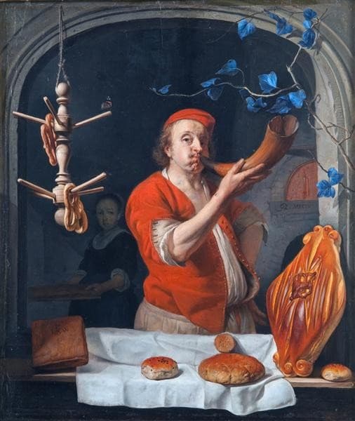 A Baker Blowing his Horn — Gabriël Metsu