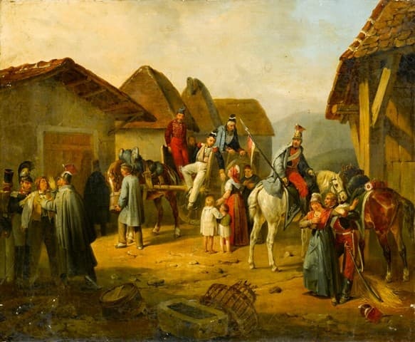 Soldiers Resting in a Village, a Cavalry Officer Holding An Austrian Banner — Albrecht Adam