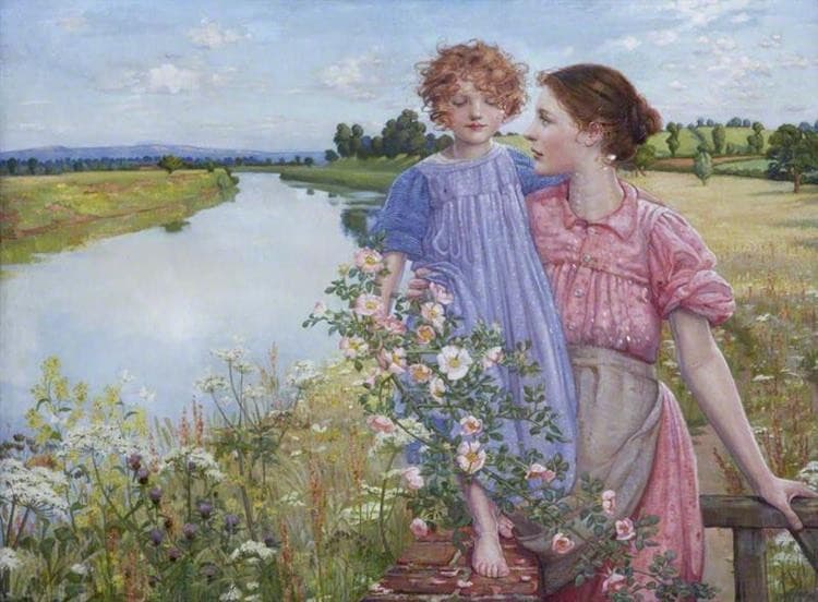 A Mother and Child by a River, with Wild Roses — Mildred Anne Butler