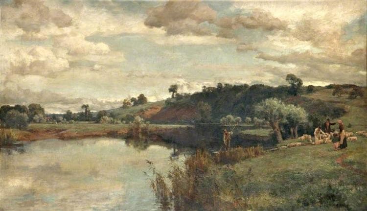 River Scene with a Shepherd and Sheep by a Ferry — Alfred Parsons