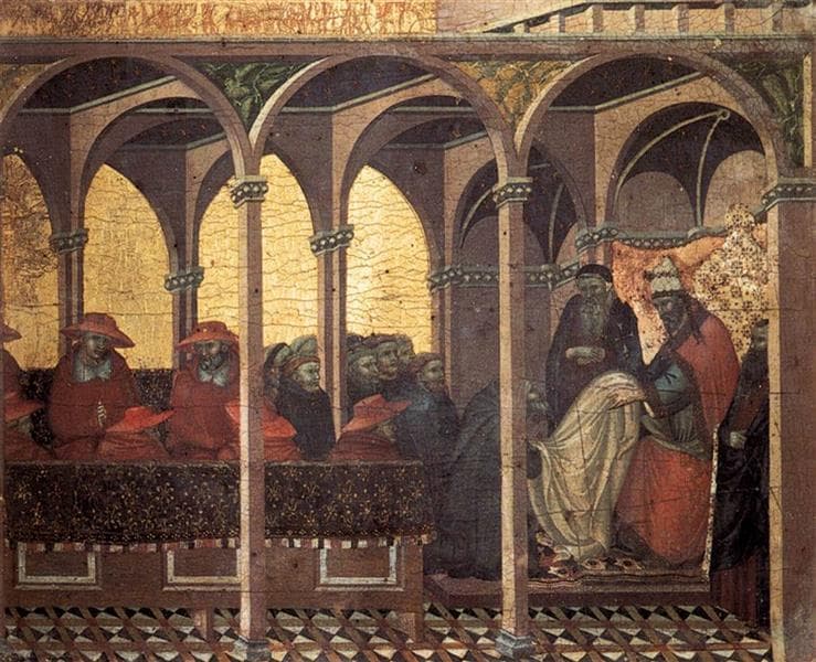 Predella Panel. The Approval of the New Carmelite Habit by Pope Honorius IV — Pietro Lorenzetti