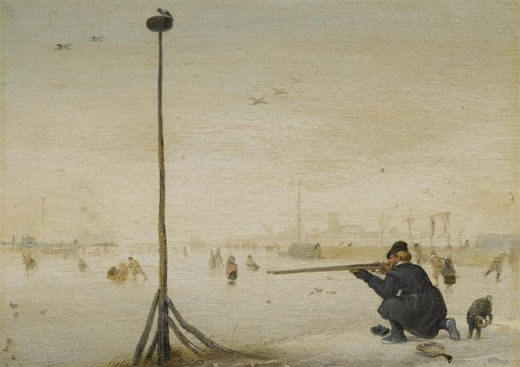 Winter Landscape with a Hunter Shooting Duck at the Edge of a Frozen Waterway / Winter Landscape with a Duck Hunter — Hendrick Avercamp
