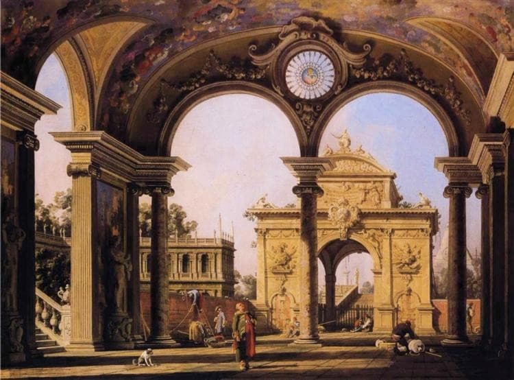 Capriccio of a Renaissance Triumphal Arch seen from the Portico of a Palace — Canaletto