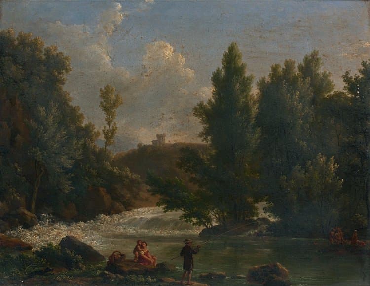 Paysage de riviére animé d'un pêcheur et de baigneuses — Jean Joseph Xavier Bidauld