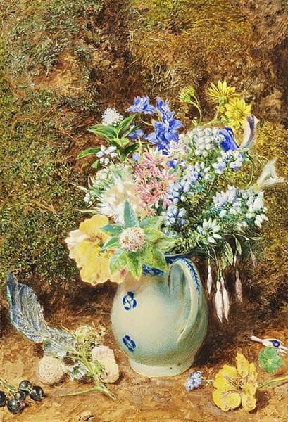 Pale blue china jug with heaths and small flowers — William Henry Hunt