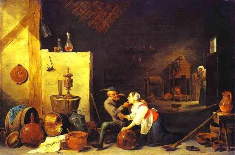 An Old Peasant Caresses a Kitchen Maid in a Stable — David Teniers the Younger