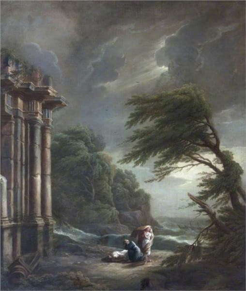 Stormy Seashore with Ruined Temple, Shipwreck, and Figures — George Lambert