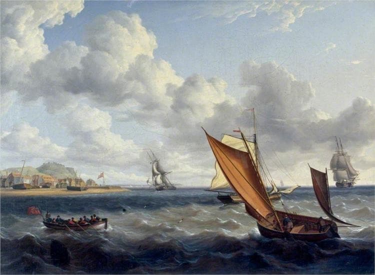 A Fishing Lugger and Customs Boat off a Coastal Town — Charles Martin Powell