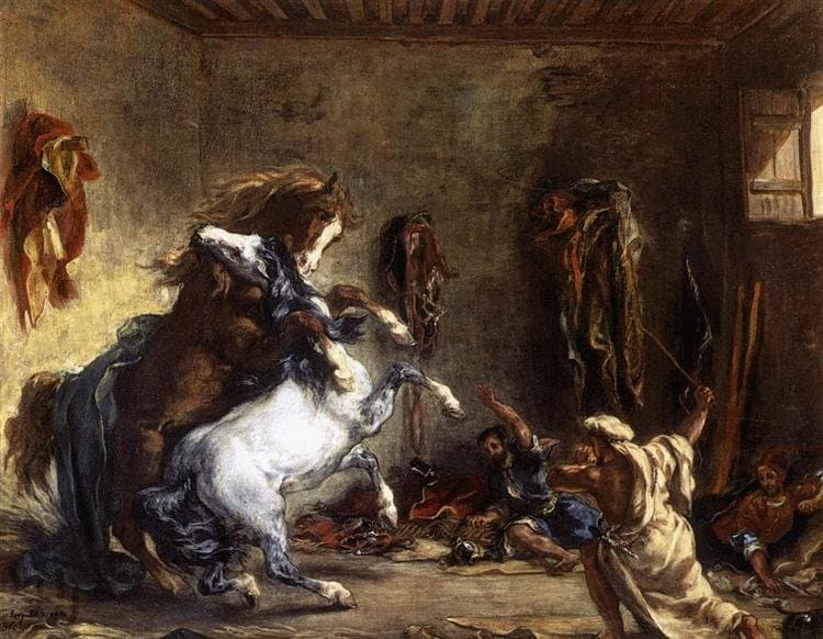 Arab Horses Fighting in a Stable — Eugène Delacroix