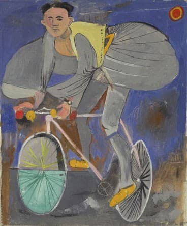 Cyclist dressed up (with traditional Greek costume) and a temple on the right corner — Yiannis Tsaroychis