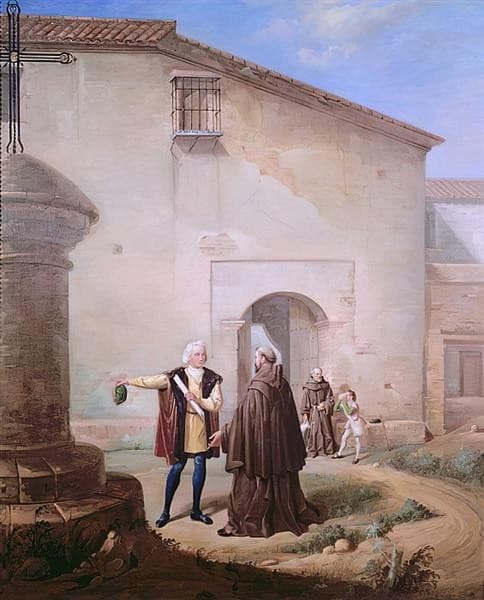 The Franciscan Friars of the Convento of Santa Maria De La Rabida Give Bread and Water to Christopher Columbus and His Son Diego — Antonio Cabral Bejarano