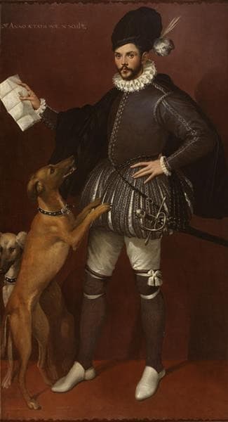 Portrait of a Cavalier with his Hunting Dogs — Bartolomeo Passarotti