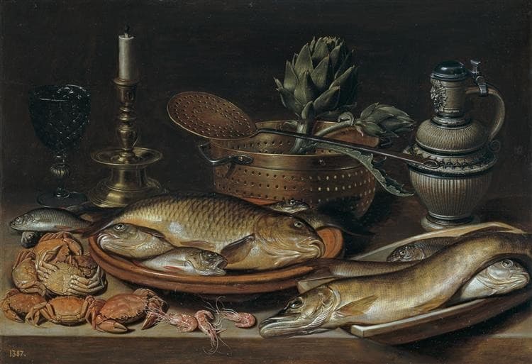Still Life with Fish, Candle, Artichokes, Crabs and Shrimp — Clara Peeters