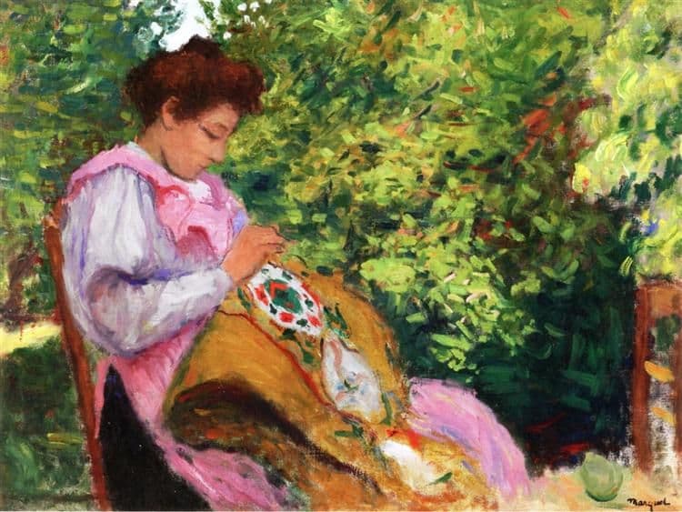 Girl Embroidering, Seated in a Garden — Albert Marquet