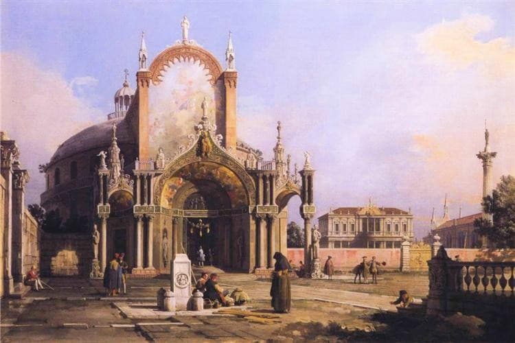 Capriccio of a Round Church with an Elaborate Gothic Portico in a Piazza, a Palladian Piazza and a Gothic Church Beyond — Canaletto
