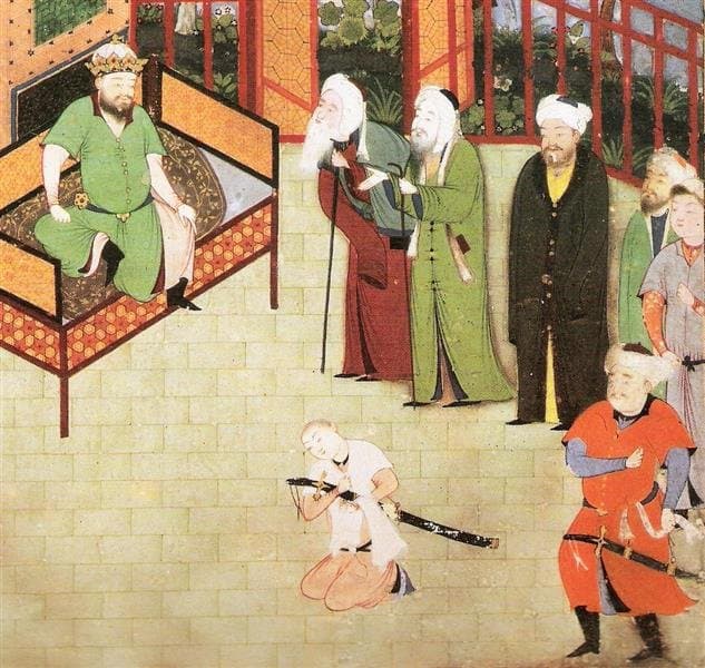 The elders plea with King Hormuzd to forgive his son Khusraw — Kamāl ud-Dīn Behzād