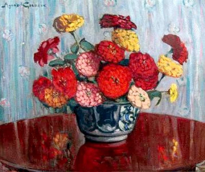 Zinnias in a Grey Vase — Agnes Goodsir