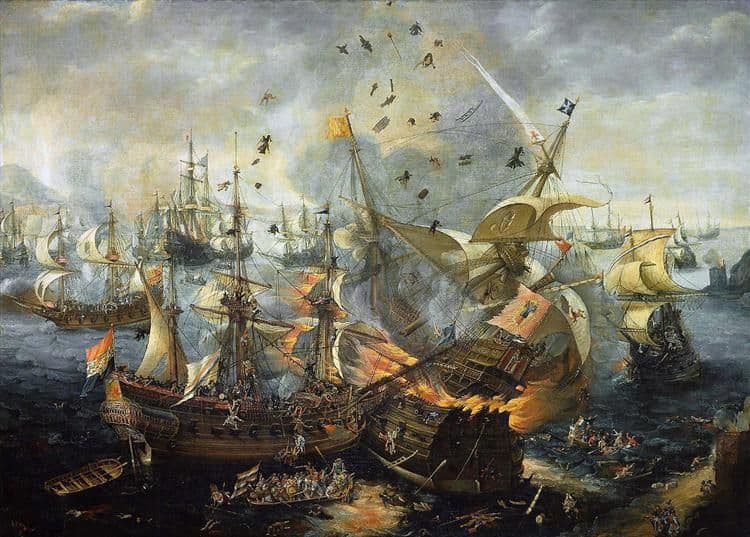 The explosion of the Spanish flagship during the Battle of Gibraltar, 25 April 1607 — Hendrick Cornelisz Vroom