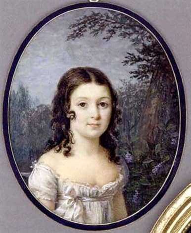 A girl standing before a tree with lilac, in white silk dress with white sash tied in a bow, long dark curling hair, forest and sky background — Marie-Gabrielle Capet
