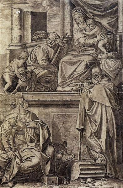 The Holy Family with Sts. Anthony Abbot, Catherine and the Infant St. John — Agostino Carracci